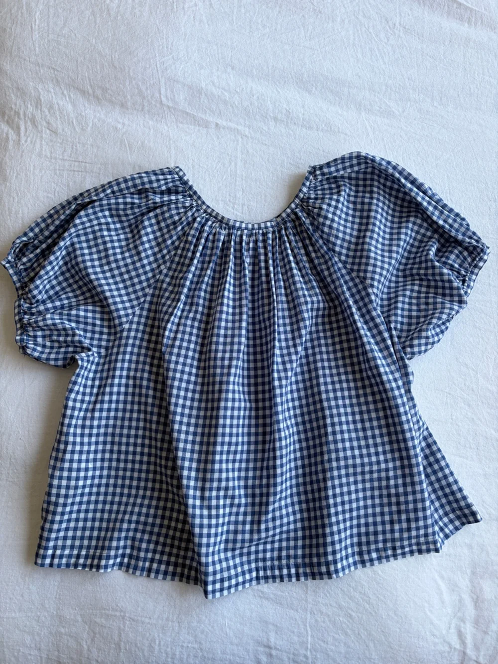 Doen June Cotton Button Short Puff Sleeve Blouse Top Blue Gingham White